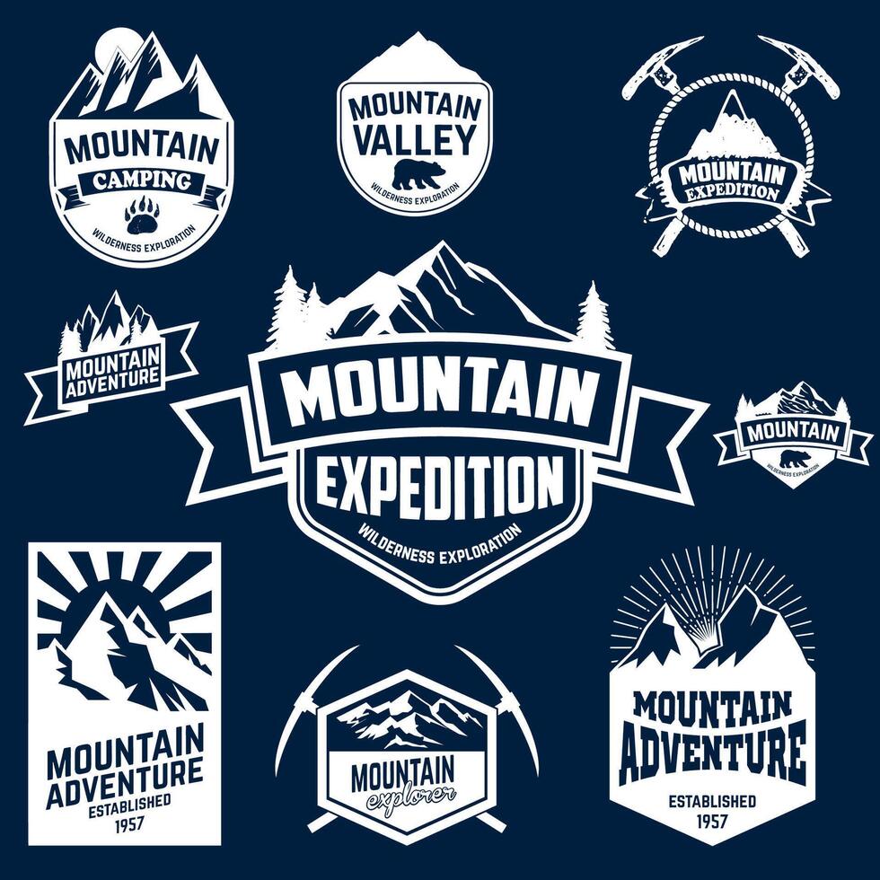 Set of mountains, hiking and outdoor adventures emblems. vector