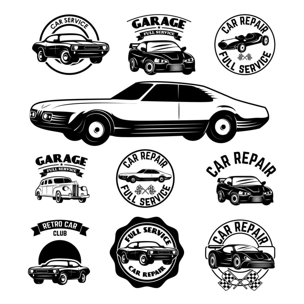 Set of car repair, service, racing team labels and badges. Design elements for logo, label, emblem, sign, brand mark. vector