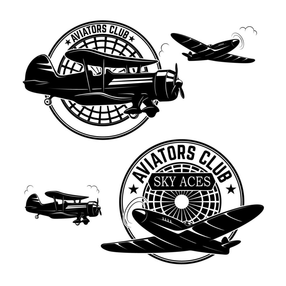 Set of aviators club labels. Retro planes. Design elements for logo, label, emblem, sign, brand mark. illustration. vector