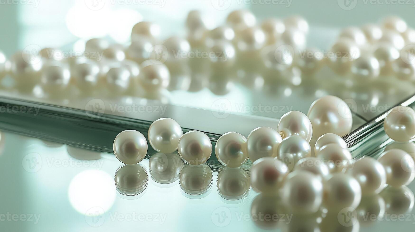 Gleaming white pearls scattered on a reflective surface. photo