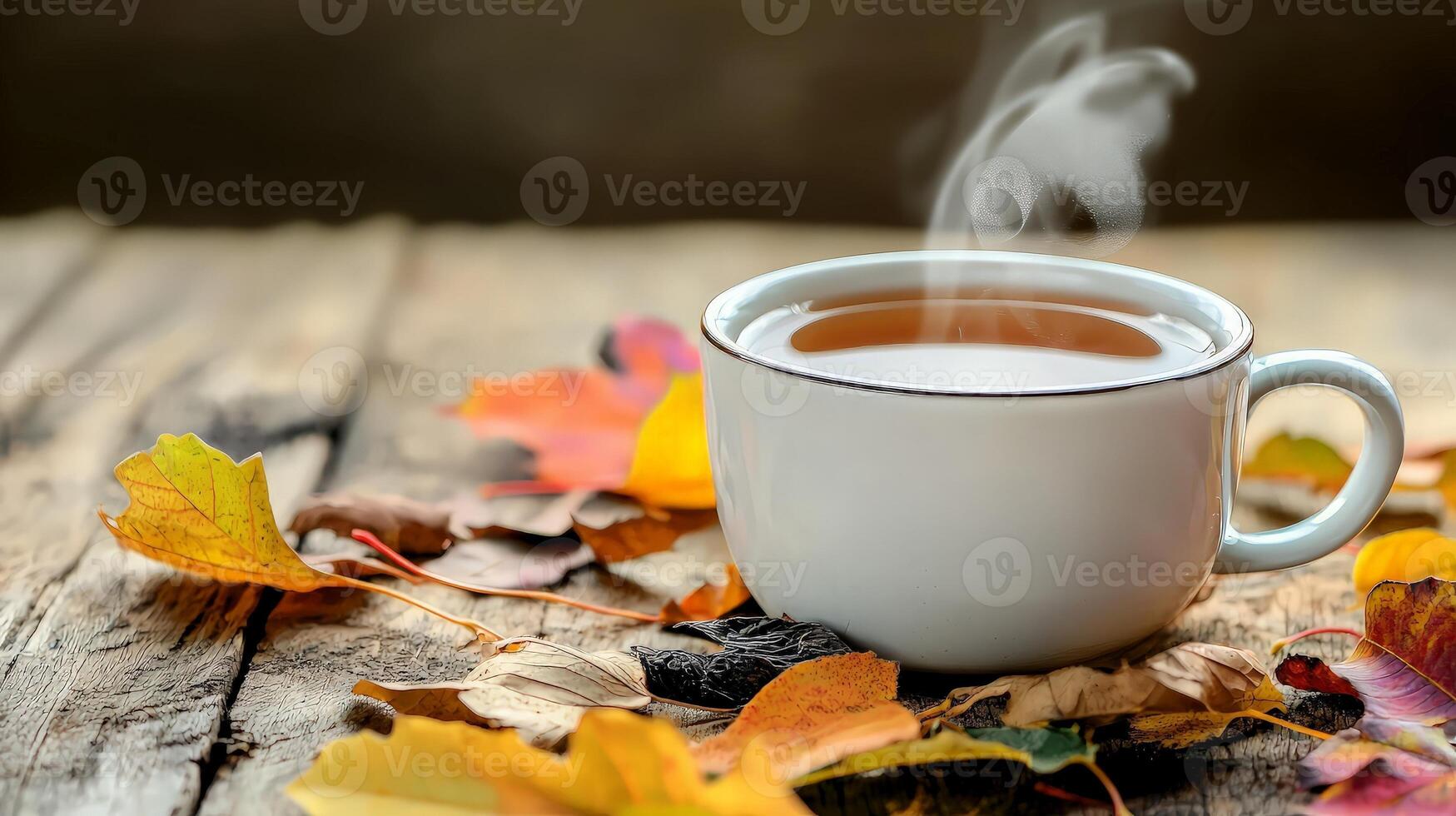 Steaming cup of tea on rustic wooden table with autumn leaves. photo