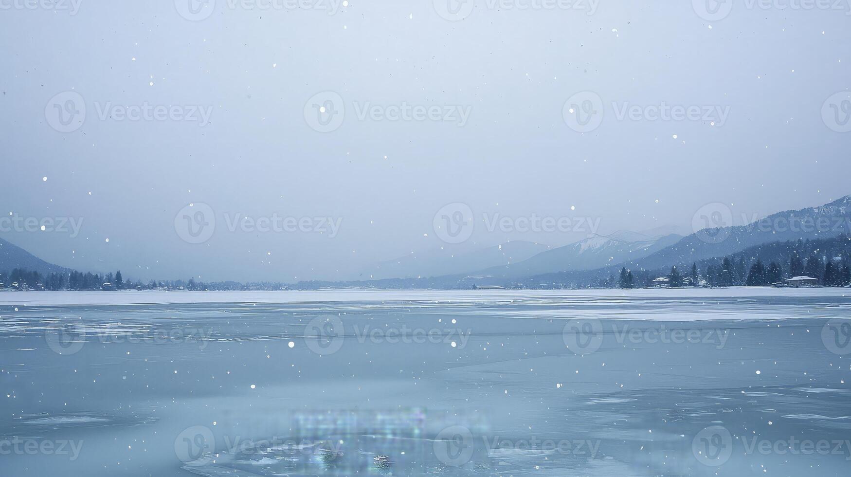 A snowy lake with ice and snow falling photo