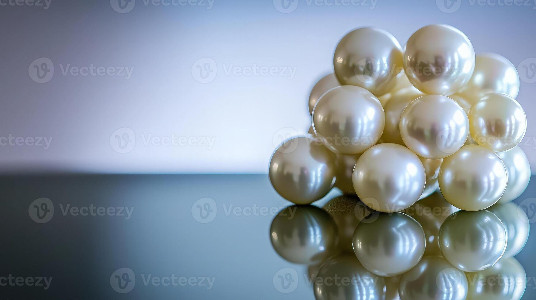 Close-up of lustrous white pearls clustered on a reflective surface. photo