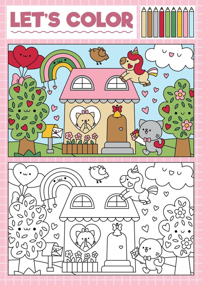 Saint Valentine coloring page for children with cute kawaii scene with cat couple, house. love holiday outline illustration. Color book for kids with colored example. Drawing skills worksheet vector