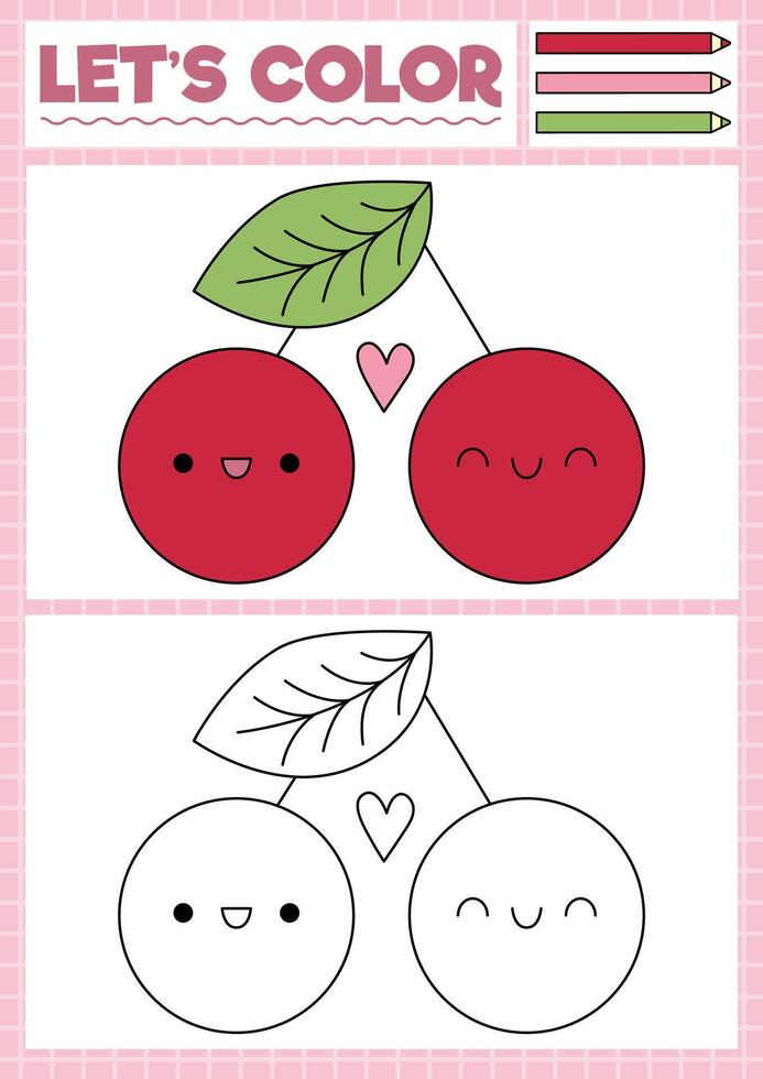 Saint Valentine coloring page for children with cute kawaii cherry couple with heart. love holiday outline illustration. Color book for kids with colored example. Drawing skills worksheet vector