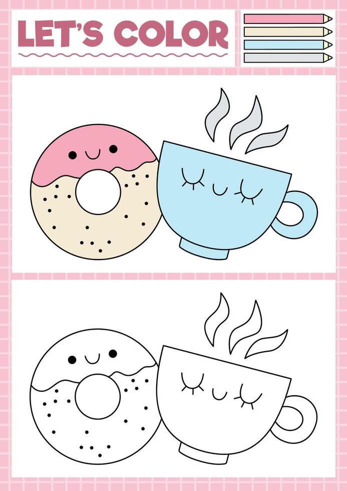 Saint Valentine coloring page for children with cute kawaii cup and donut. love holiday outline illustration. Color book for kids with colored example. Drawing skills worksheet vector