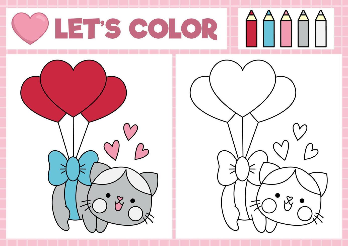 Saint Valentine coloring page for children with cute kawaii cat flying on heart shaped balloons. love holiday outline illustration. Color book for kids with colored example. Drawing worksheet vector