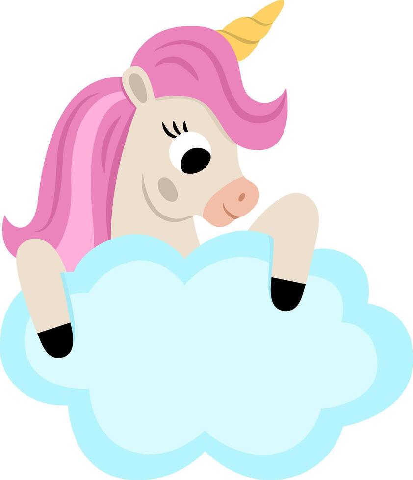 unicorn with yellow horn and pink mane. Fantasy animal holding blue cloud with place for text. Fairytale horse character for kids. Cartoon magic creature icon isolated on white background vector
