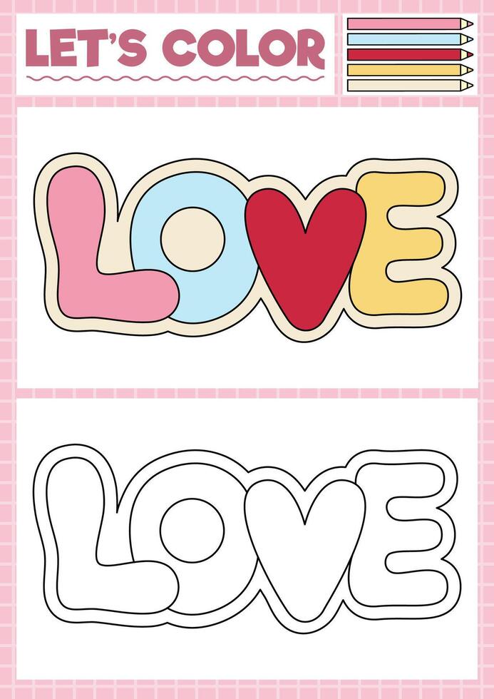 Saint Valentine coloring page for children with cute kawaii love word lettering. holiday outline illustration. Color book for kids with colored example. Drawing skills printable worksheet vector