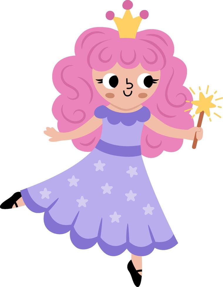 fairy icon. Fantasy sorceress with magic wand, pink hair and crown. Fairytale character in purple robe with stars. Cartoon magic princess isolated on white background vector