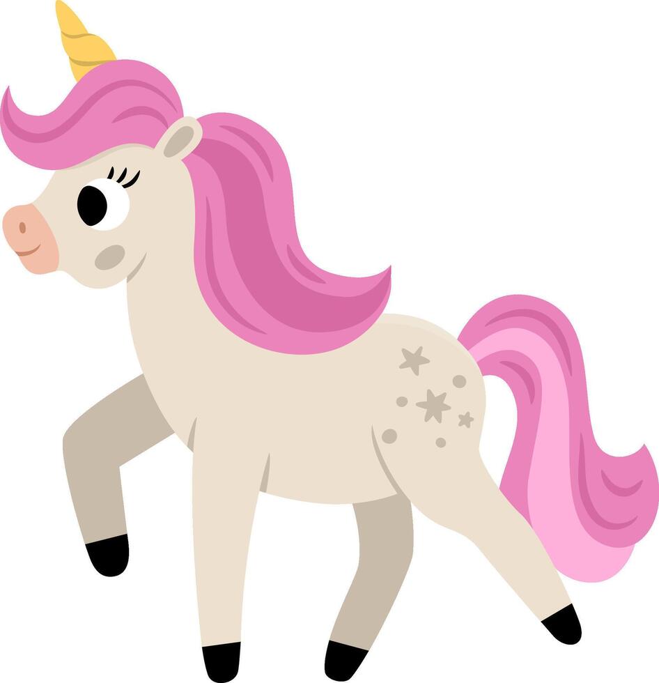 unicorn with yellow horn and pink mane. Fantasy walking animal. Fairytale horse character for kids. Cartoon magic creature icon isolated on white background vector