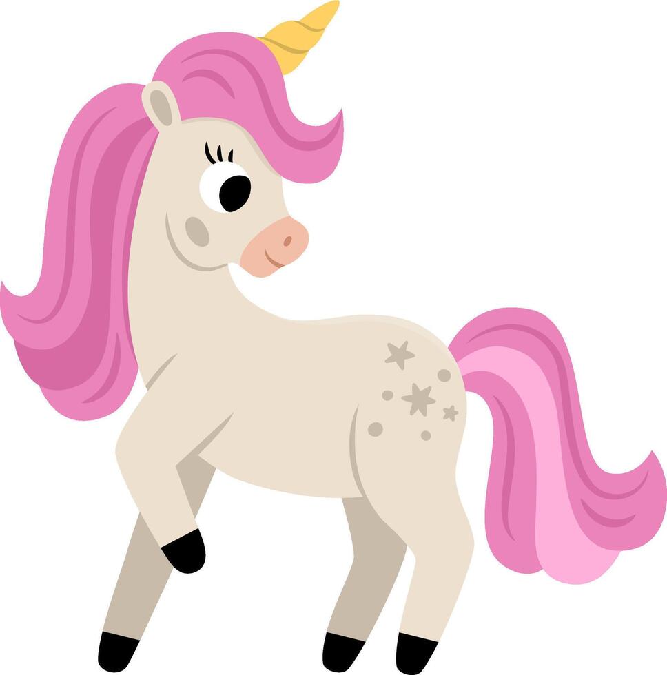 unicorn with yellow horn and pink mane. Fantasy animal. Fairytale horse character for kids. Cartoon magic creature icon isolated on white vector