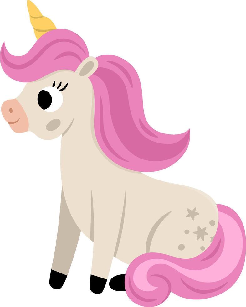 unicorn with horn and pink mane. Fantasy sitting animal. Fairytale horse character for kids. Cartoon magic creature icon isolated on white background vector