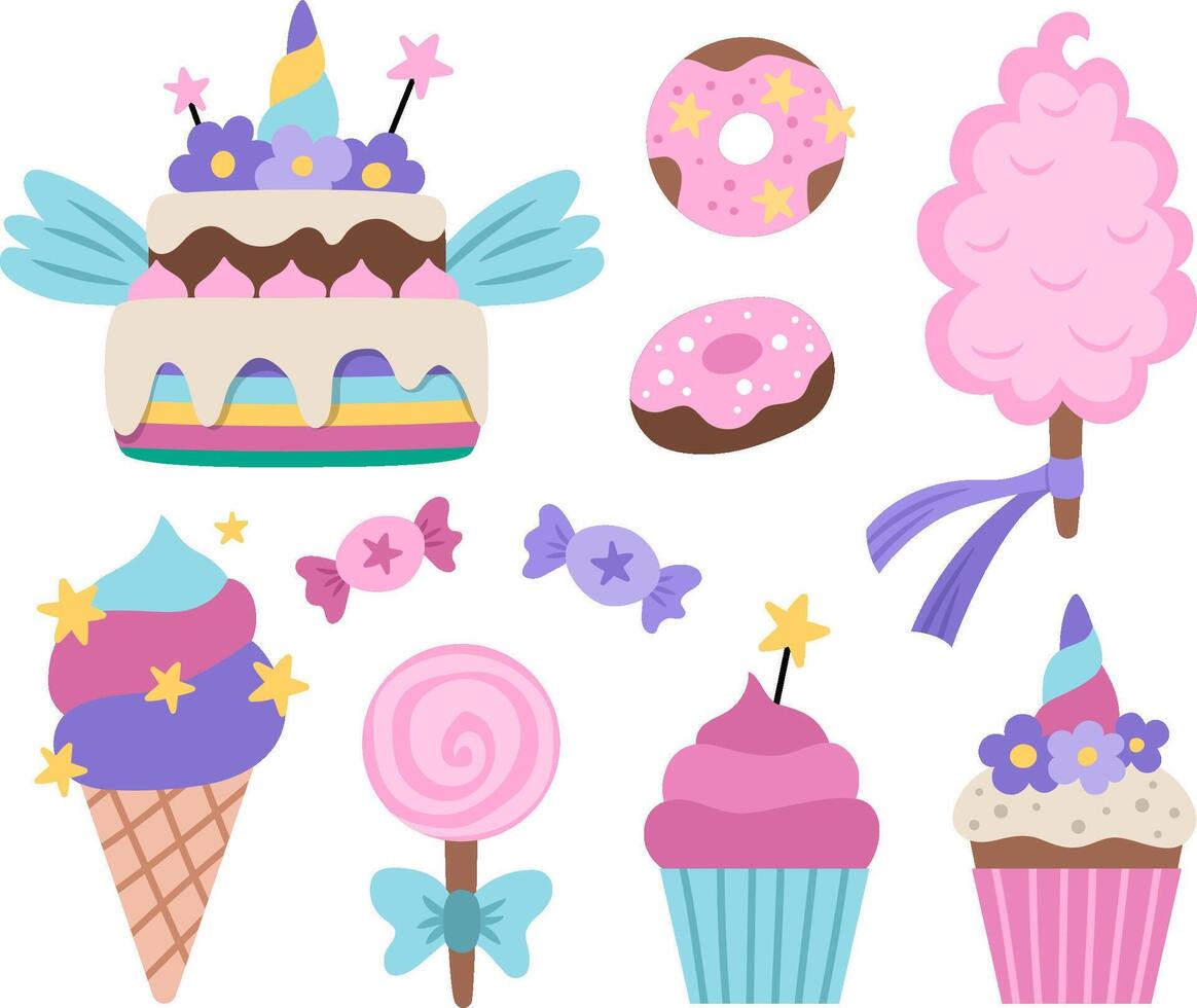 sweets set. Cute rainbow colored cake, ice cream, lollypop, cotton candy, donuts, cupcakes with unicorn horn, stars and wings. Magic fairytale desserts collection vector
