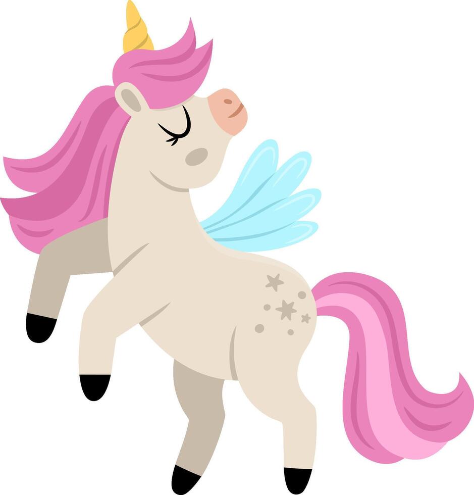 unicorn with yellow horn and pink mane. Fantasy animal with wings standing on back feet. Fairytale horse character for kids. Cartoon magic creature icon isolated on white background vector