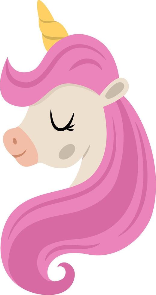 unicorn head with yellow horn and pink mane. Fantasy animal rainbow with closed eyes. Fairytale horse character for kids. Cartoon magic creature icon isolated on white background vector