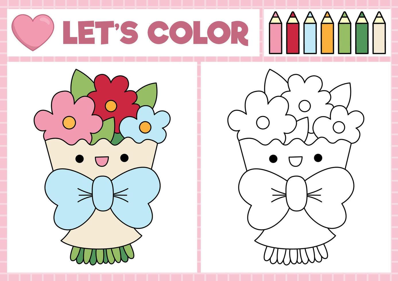 Saint Valentine coloring page for children with cute kawaii bouquet of flowers. love holiday outline illustration. Color book for kids with colored example. Drawing skills worksheet vector