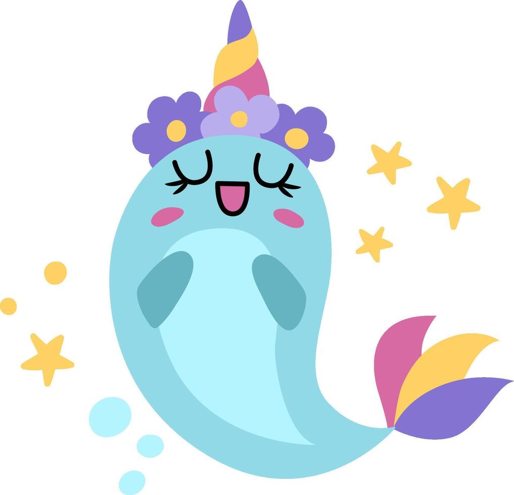 happy narval unicorn. Fantasy water animal with rainbow horn and tail, flowers on head, wings, stars. Fairytale character for kids. Cartoon magic creature icon isolated on white background vector