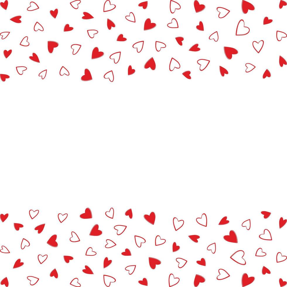Freehand drawn hearts Top and Bottom rectangular frame border in monochrome red. Copy space Template. Isolated illustration Greeting cards, leaflet, price tag, label or web promo banner, poster vector