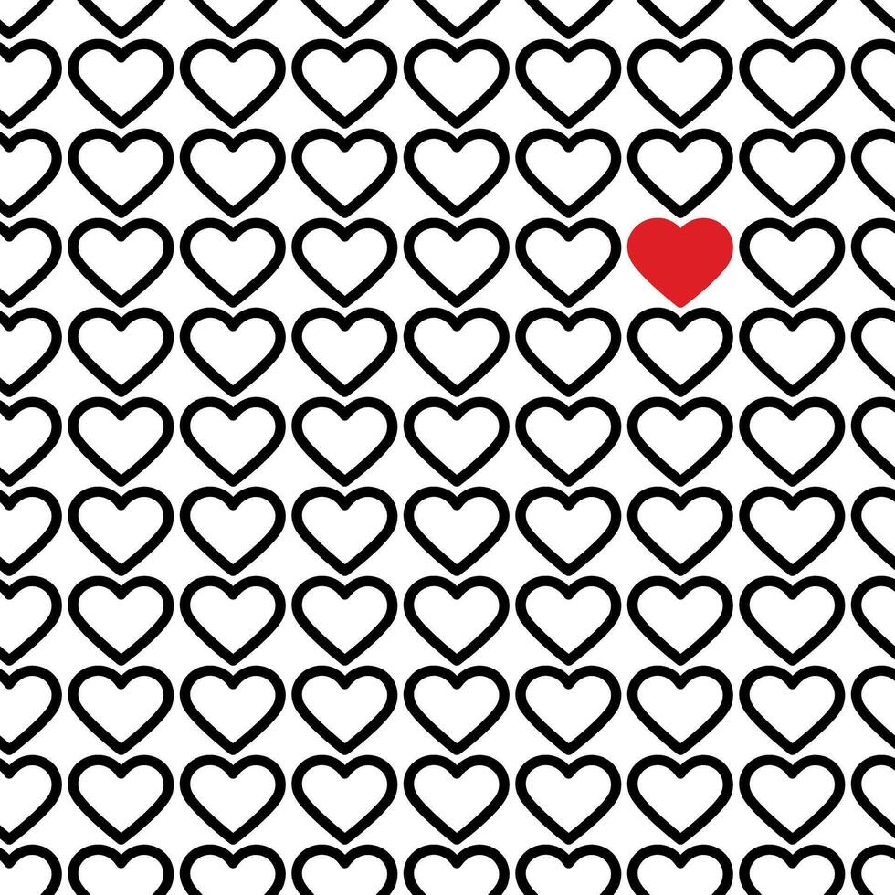 Outline black hearts and red heart shape Seamless Pattern in minimalism. Valentines Day Background. Isolated illustration Thematic cards or web promo leaflets wallpaper, price, labels, wrapping vector