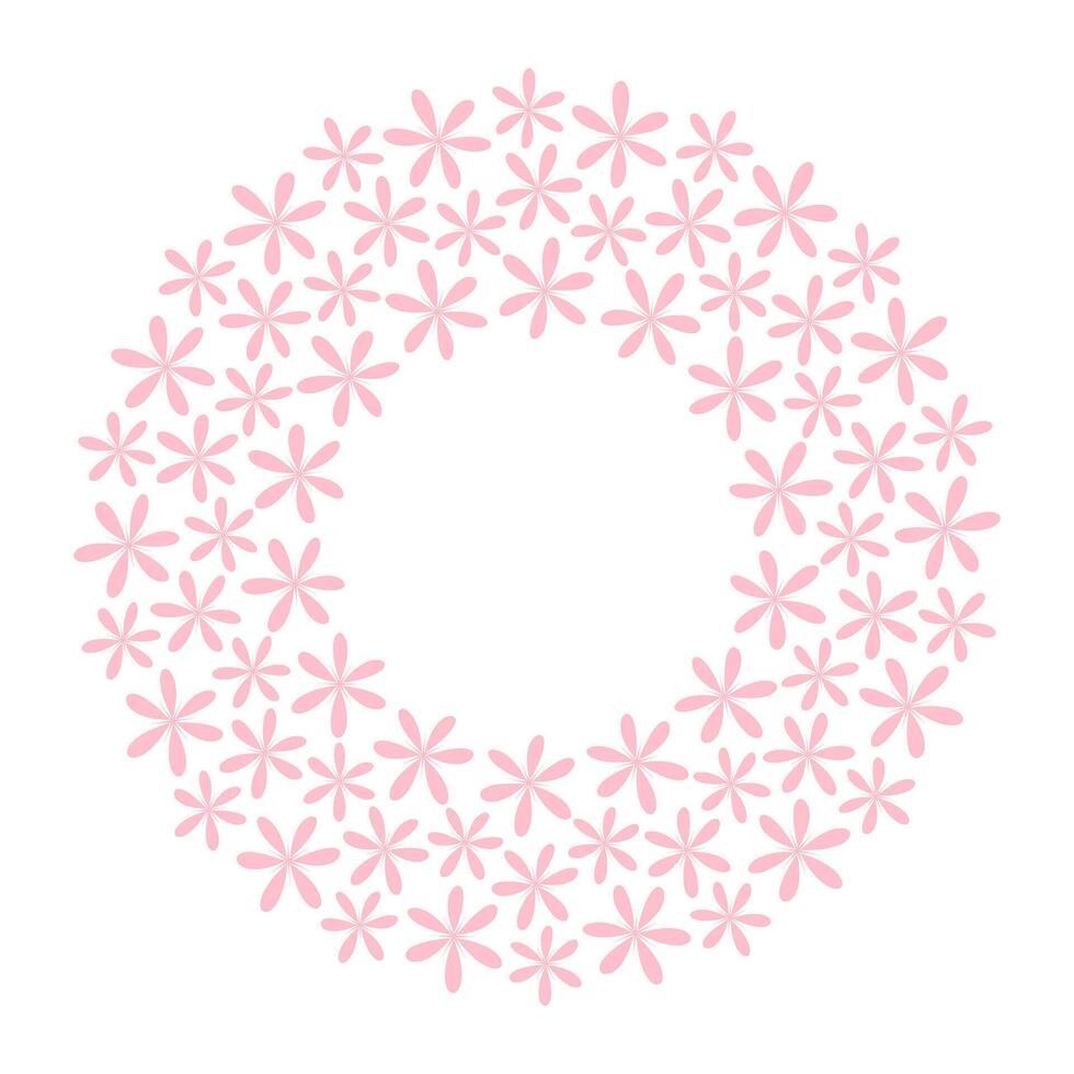 Stylized flowers Circular Frame border in trendy soft pink. Monochrome Copy space Template concept. Isolated illustration Thematic cards, posting, blogging or web promo leaflets, banner, tags vector