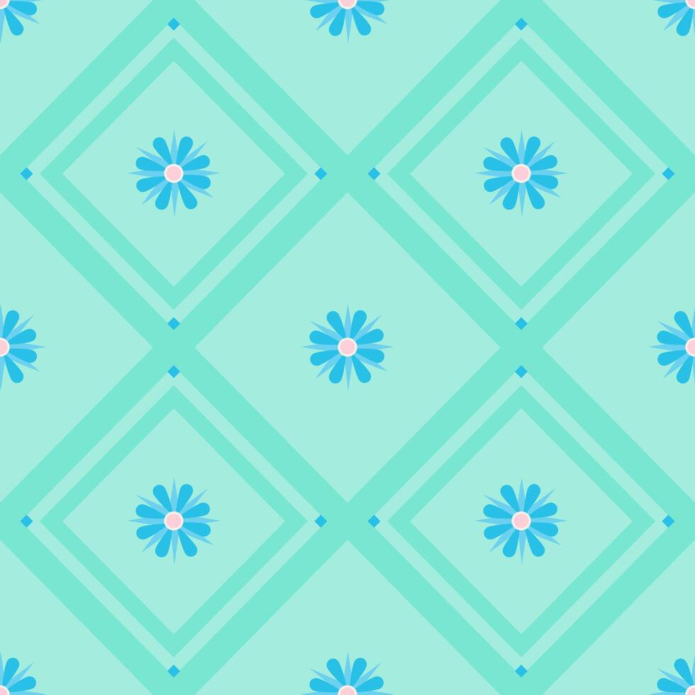 Blue flower of Argyle in seamless pattern on mint green background. Design geometric. vector