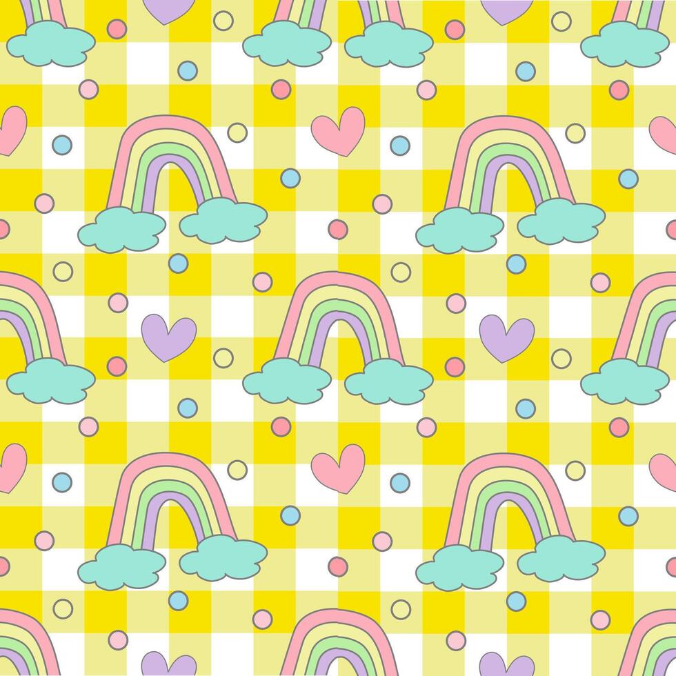 Rainbow with heart polka dot on yellow gingham. vector
