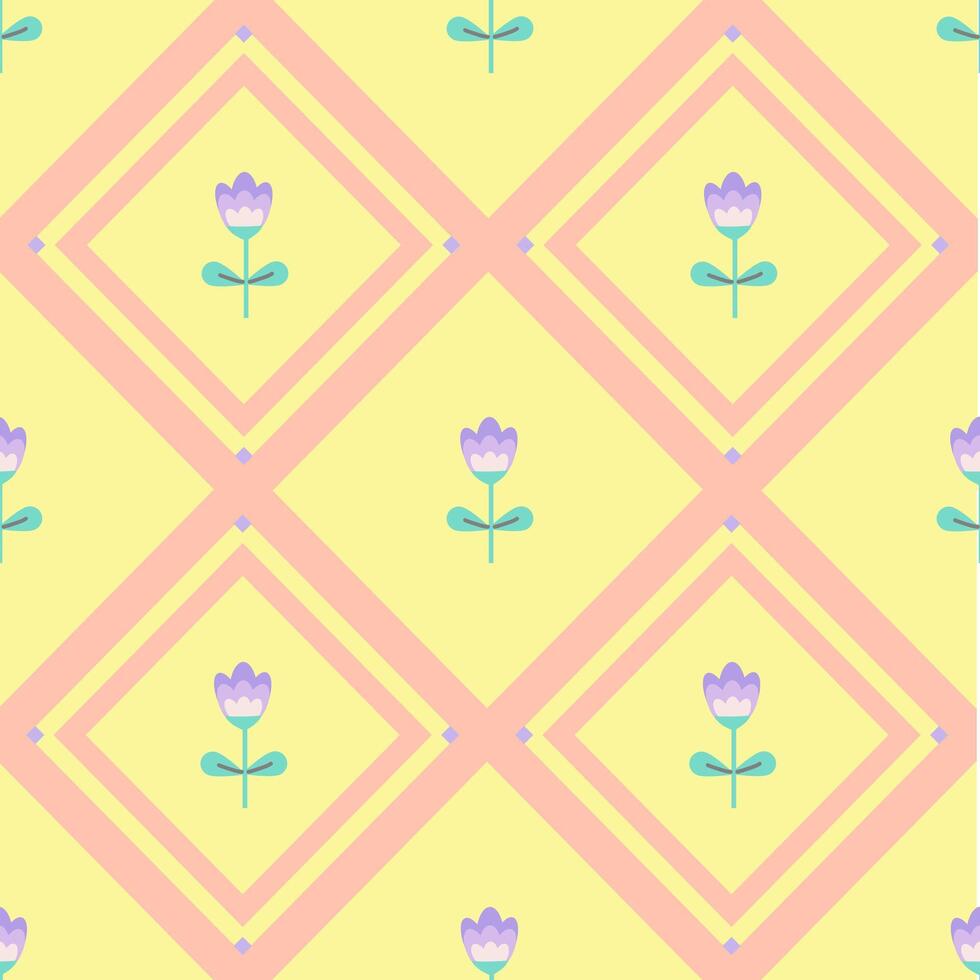 Purple of Tulip flowers of Argyle in seamless pattern on yellow background. Design geometric. vector