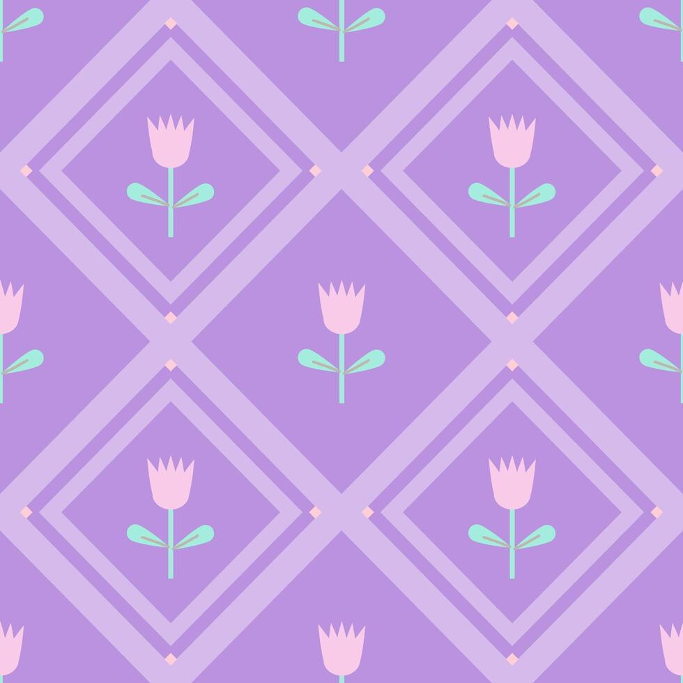 Pink Tulips flower of Argyle in seamless pattern on purple .background. Design geometric. vector