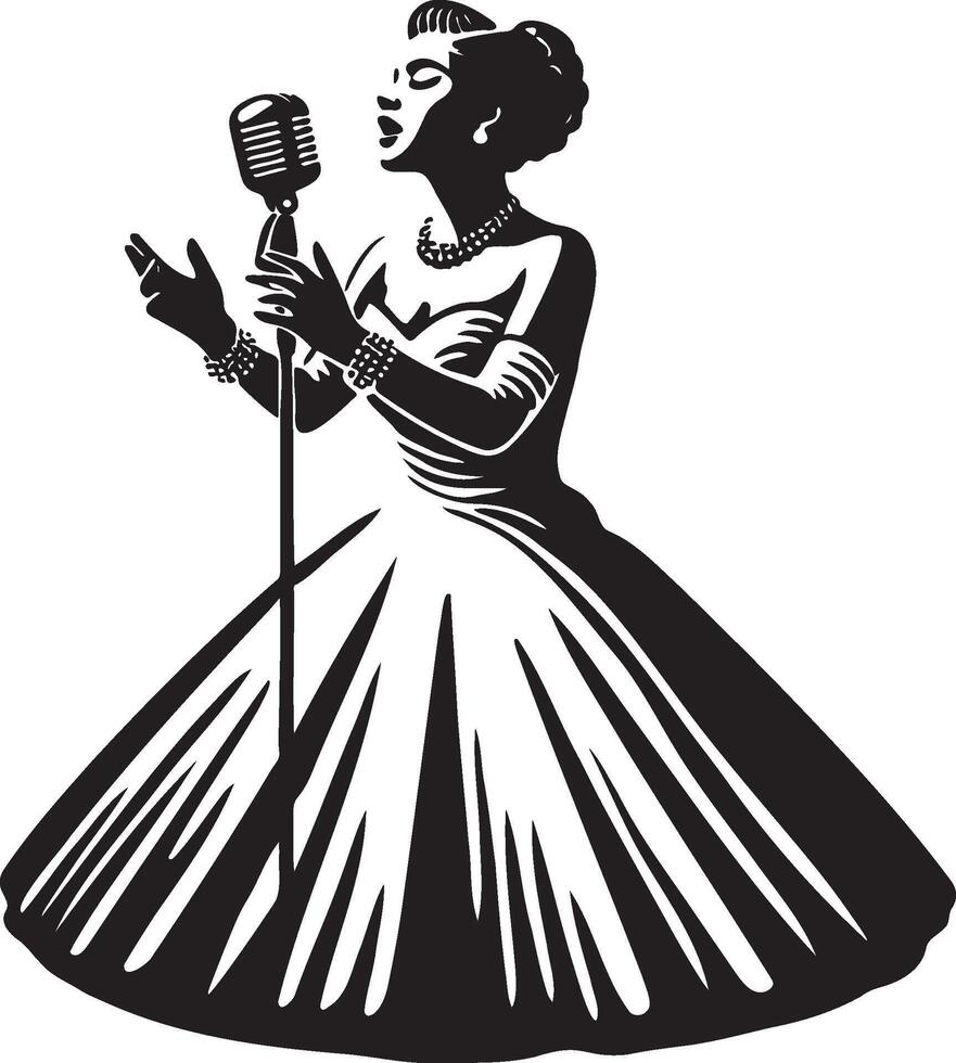 Vintage Female Jazz Singer Wearing Vintage Dress Illustration. vector