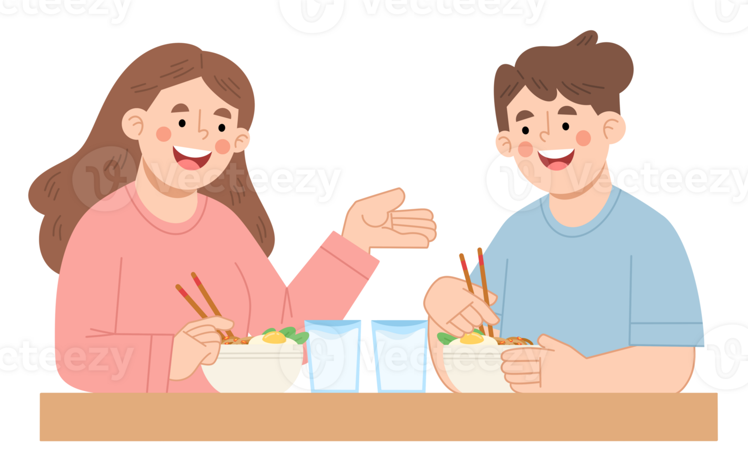 Illustration of a couple enjoying noodles together at the dining table png