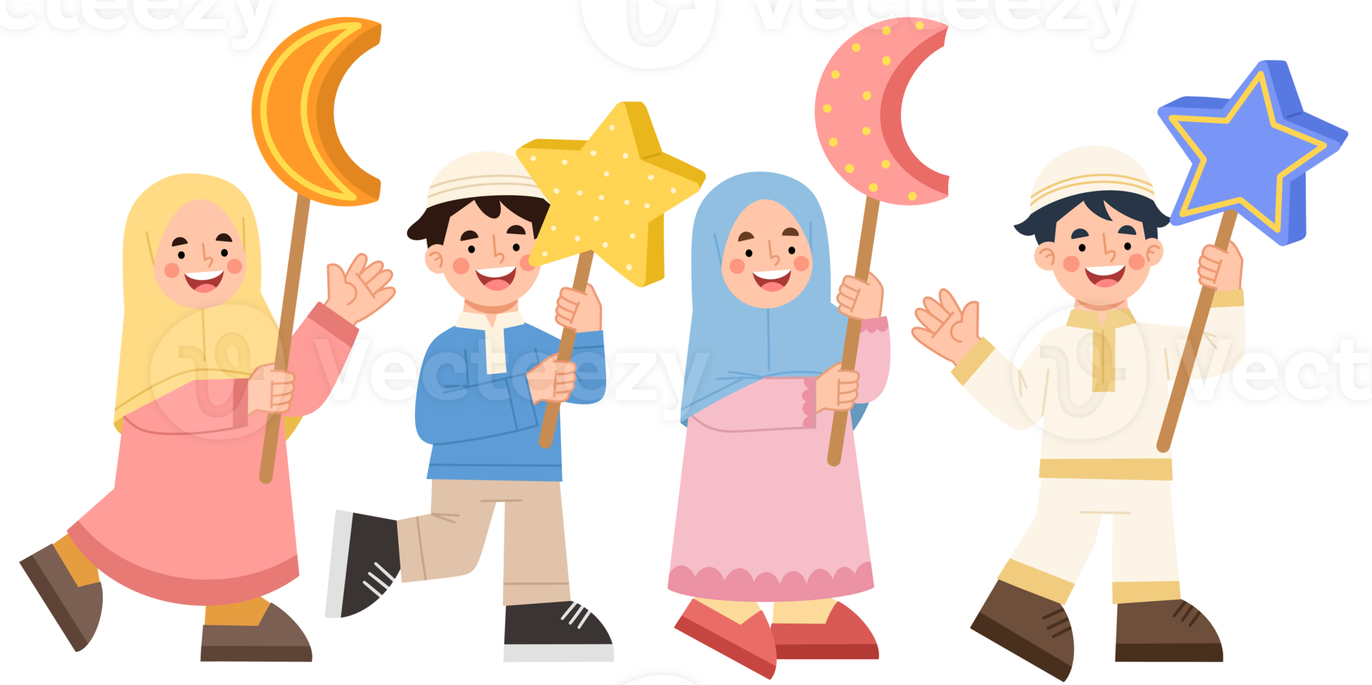 Illustration of happy Muslim children holding lanterns png