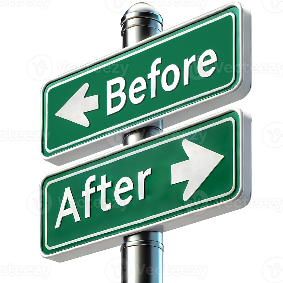 Before and after directions sign, 3D rendering isolated on Transparent background png