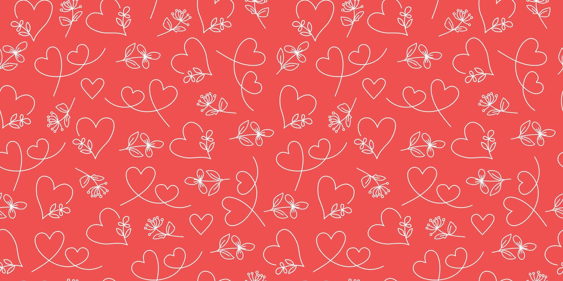 Pattern flowers, hearts. Set of line drawings, Valentines Day. Hand drawn icons, doodle. Repeating background. Seamless texture. vector