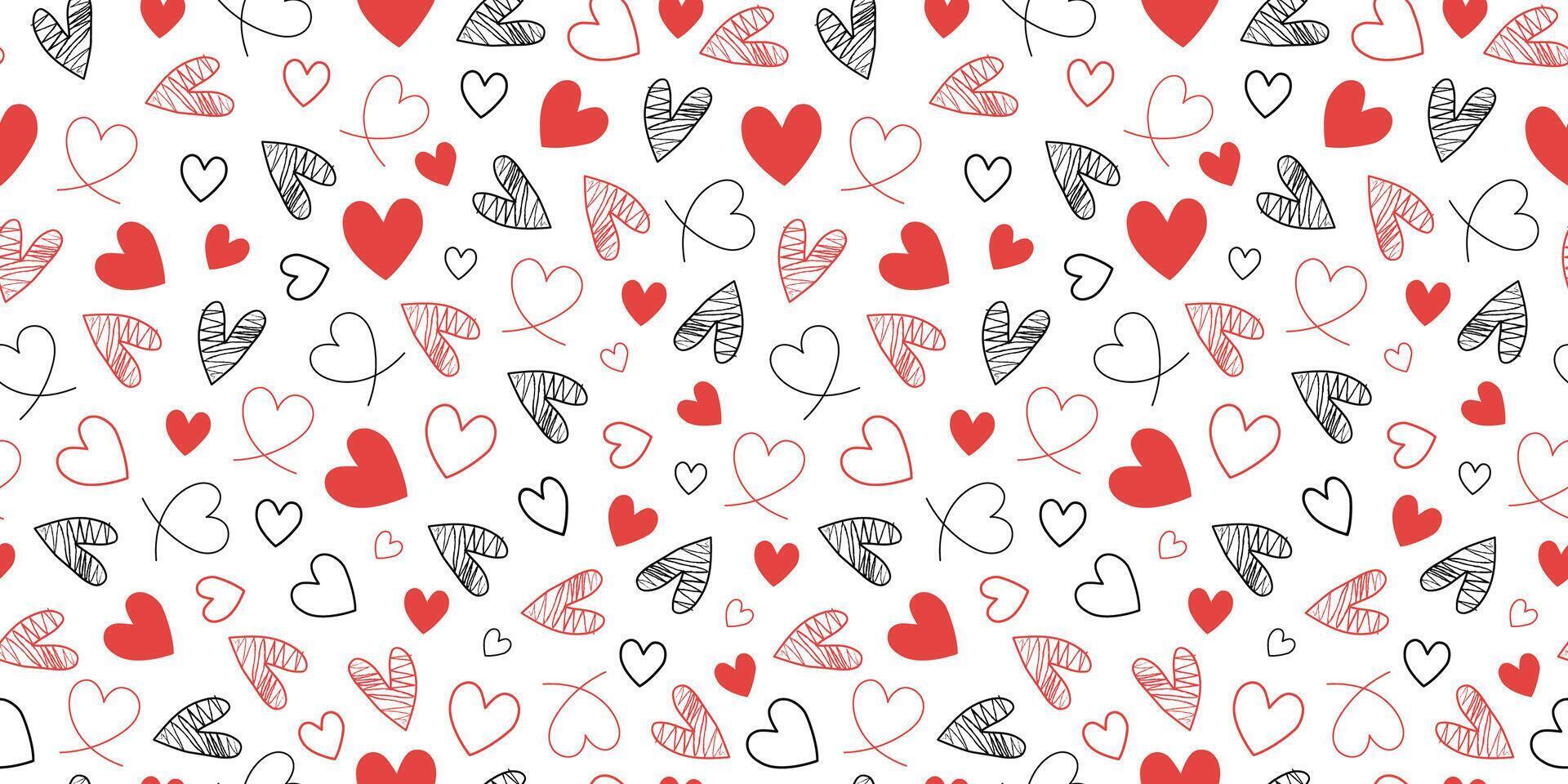 Set of cute hearts, drawings. Repeating pattern. Hand drawn linear icons, doodle. Valentine's Day seamless background. vector