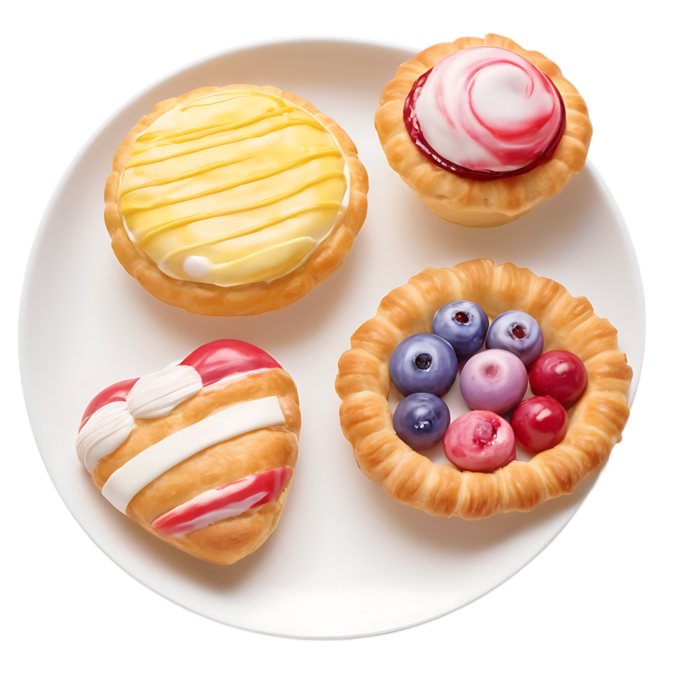a plate with four different types of pastries png