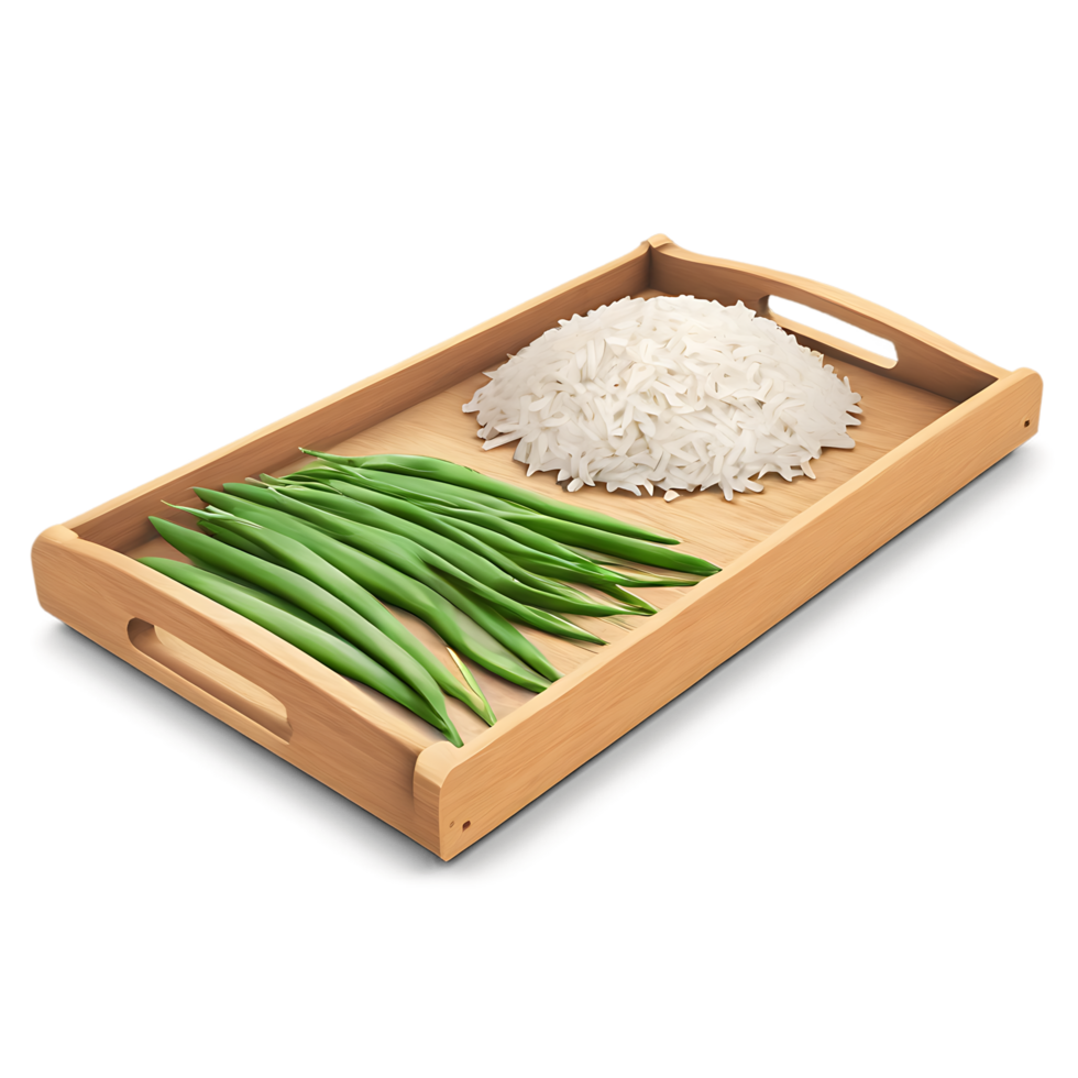rice and green beans on a wooden tray on a transparent background png