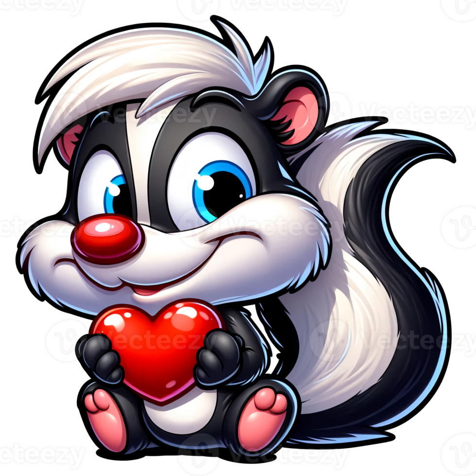 Cute cartoon Skunk holding a heart. Valentine's Day clipart. png
