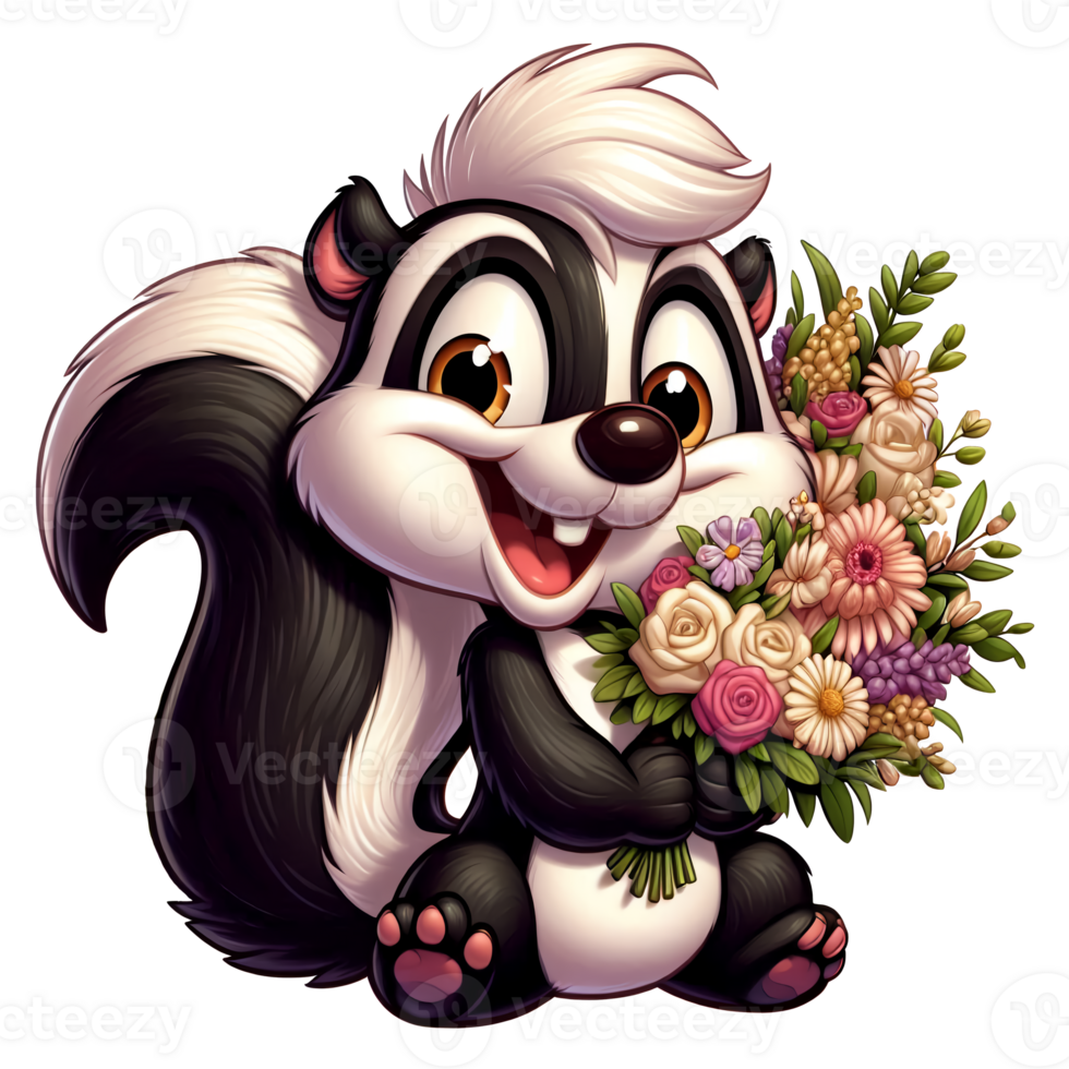 Cute cartoon Skunk with a bouquet of flowers. Valentine's Day clipart. png
