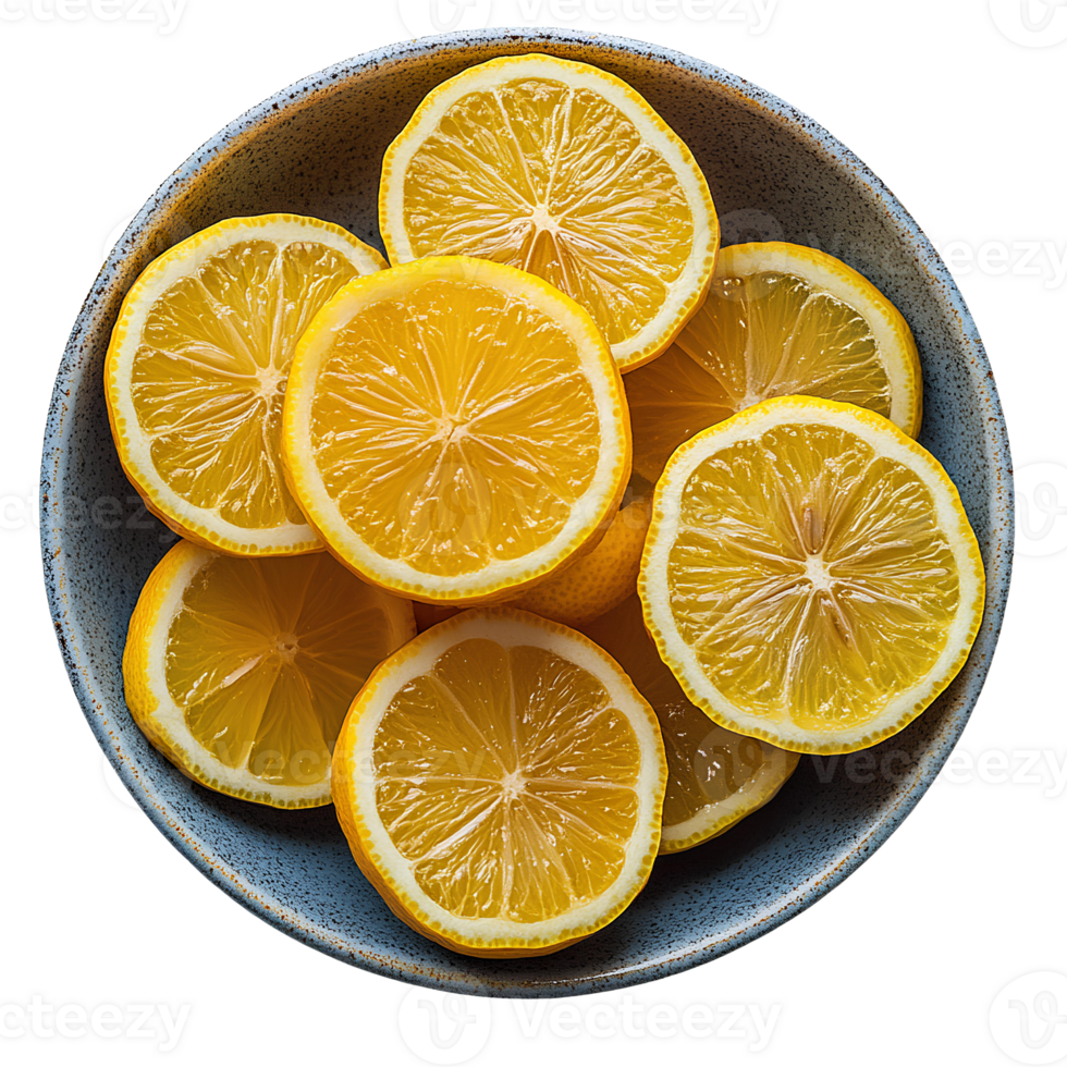 lemon fruit bowl set . lemon citrus fruit top view isolated. bowl full of lemon slices flat lay . organic and healthy lemons . vegan vegetarian food lemons png