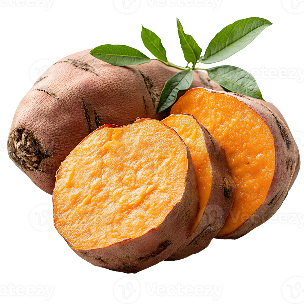 sweet potato featuring its natural texture and vibrant orange flesh, ideal for showcasing healthy and organic food in recipe designs or vegan meal preparations png