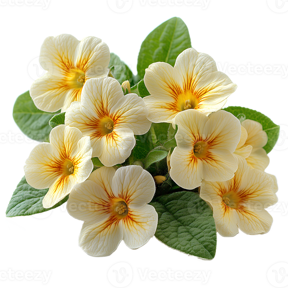Yellow primrose flower , isolated on transparent background. Bright yellow petals with natural texture and green leaves, showcasing the delicate beauty of primrose flower png
