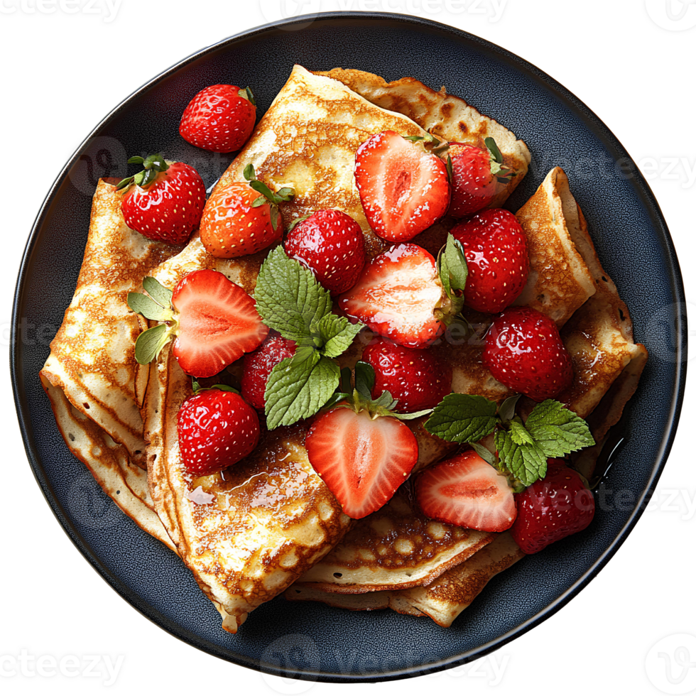 Strawberry crepes on plate top view . Pancakes with strawberry jam flat lay . Strawberry dessert full of strawberries isolated. Strawberry crepe . Strawberry pancake png