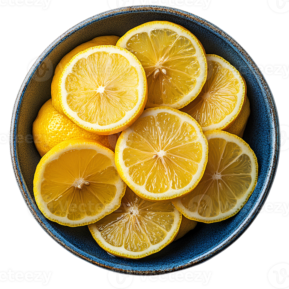 lemon fruit bowl set . lemon citrus fruit top view isolated. bowl full of lemon slices flat lay . organic and healthy lemons . vegan vegetarian food lemons isolated png