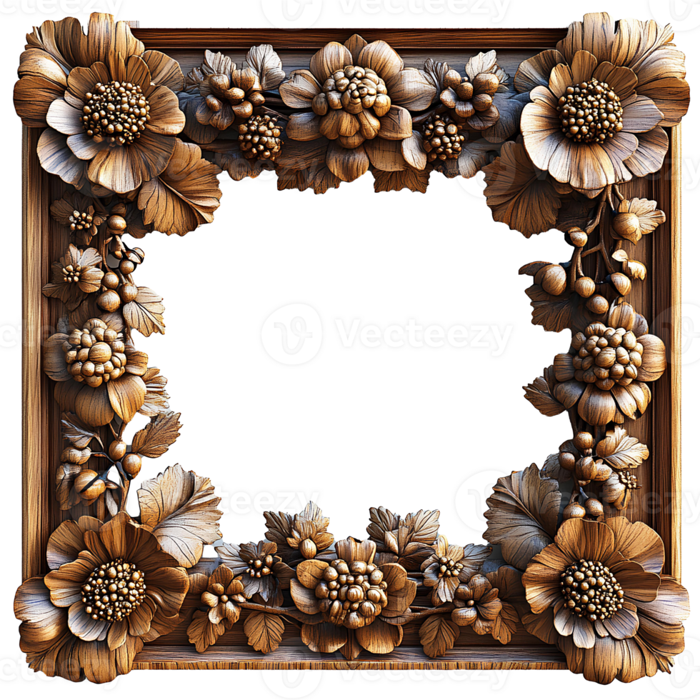 wooden frame . exquisite wooden frame with intricate detailing full of cones and flowers for picture placement . wooden border frame top view flat lay isolated. picture frame with empty center png