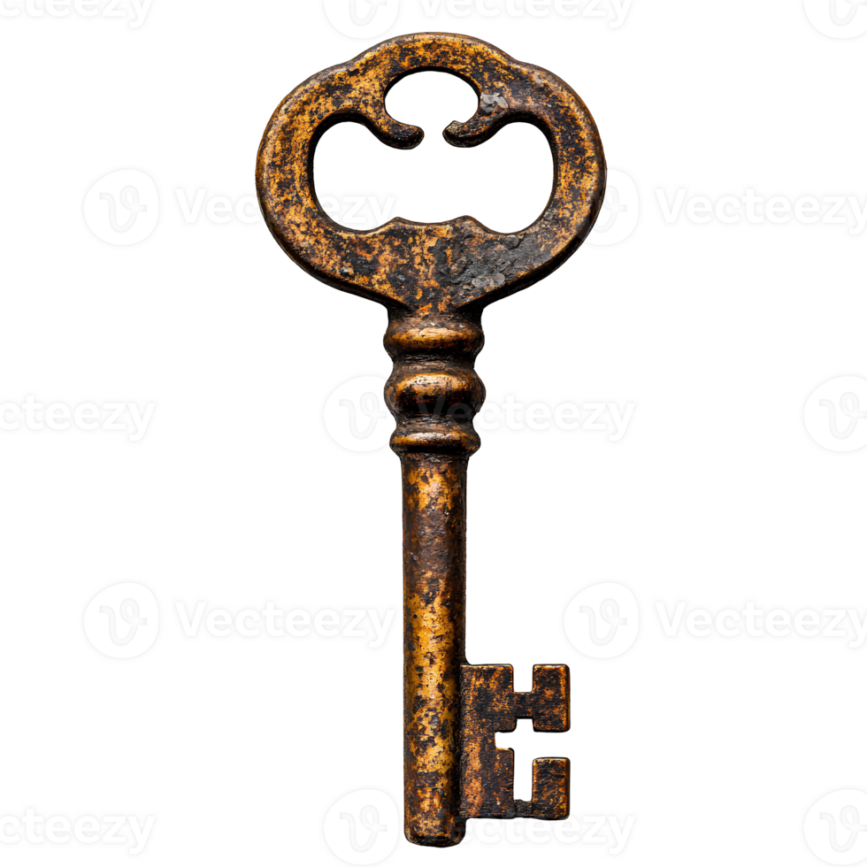 old rusty key . Old antique key with intricate design top view . antique key with rustic metallic finish flat lay isolated png