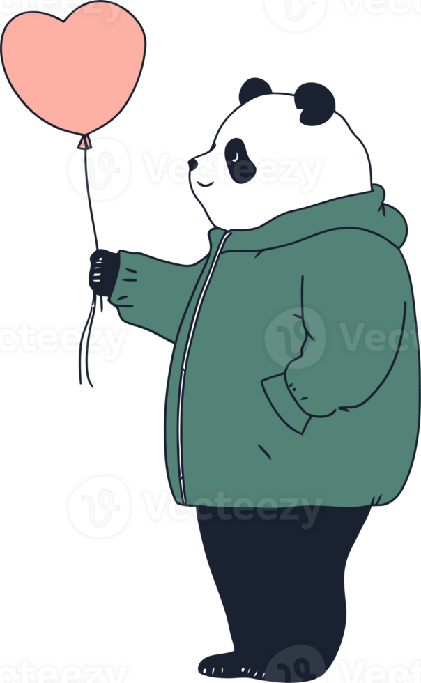Cartoon Panda Holding Heart Shaped Balloon in Green Coat Cute Animal Illustration for Valentines Day png