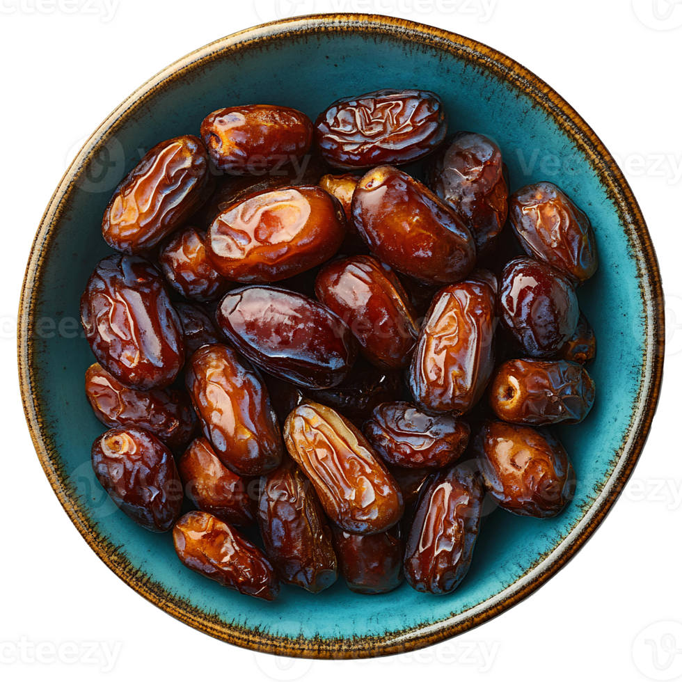 Dates in bowl . Bowl full of dates top view . bowl with date fruit flat lay isolated. organic, healthy, vegan, vegetarian dates full of vitamins isolated png