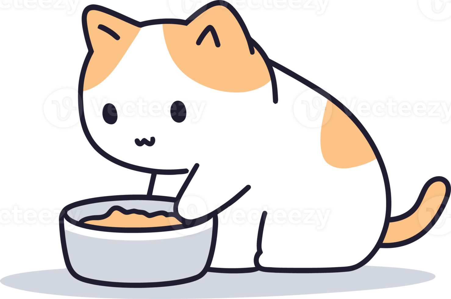 Cute Cartoon Cat Eating from Bowl Adorable Kawaii Style Animal Illustration png