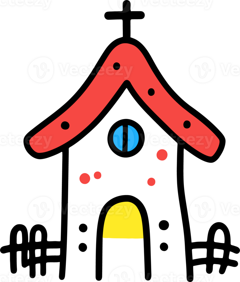 Colorful Hand-Drawn House Illustration with Curved Roof, Whimsical Design, and Bright Accents png